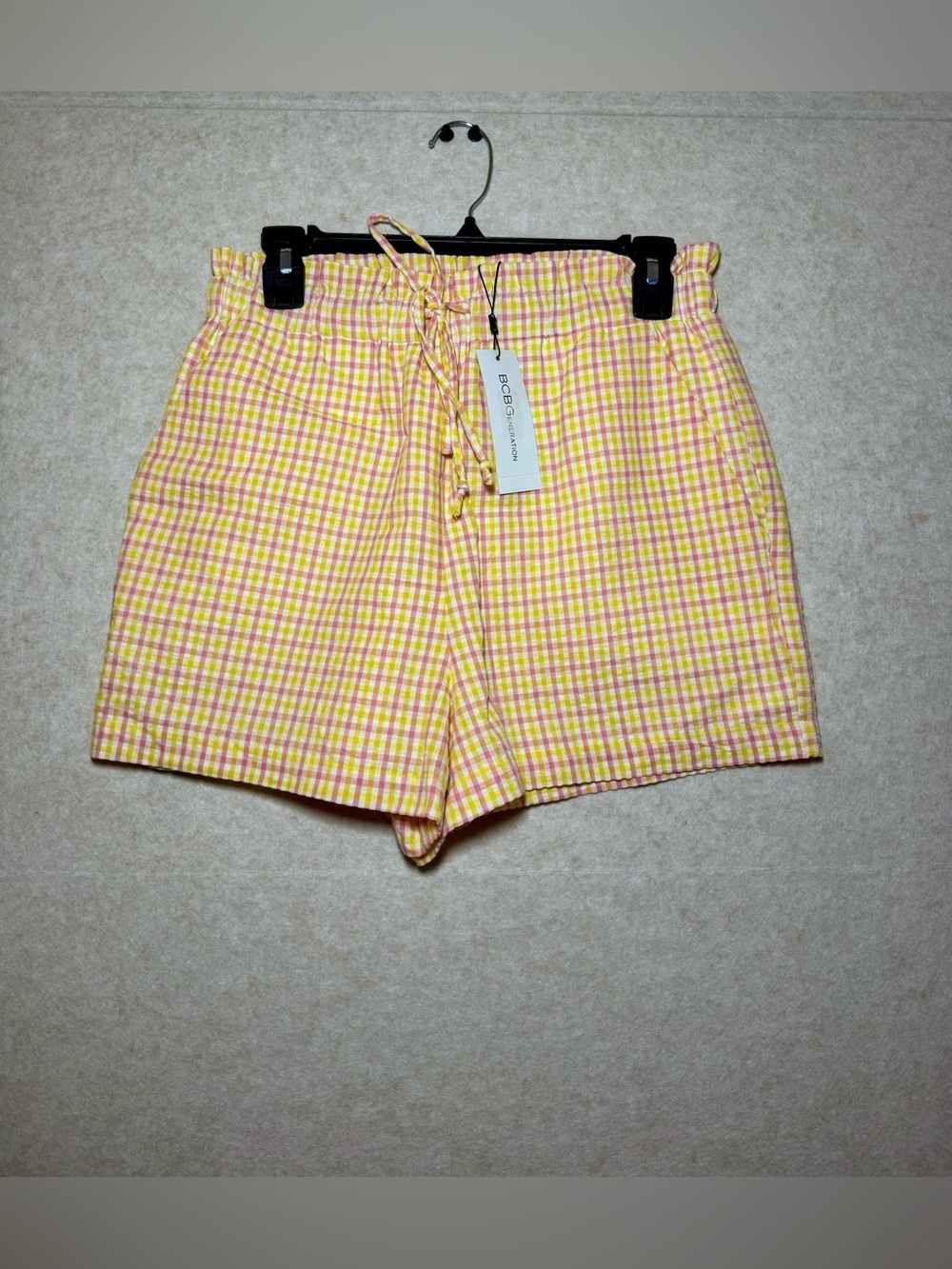 BCBGeneration Yellow Pink Gingham Checkered Paperbag Shorts Size S NWT